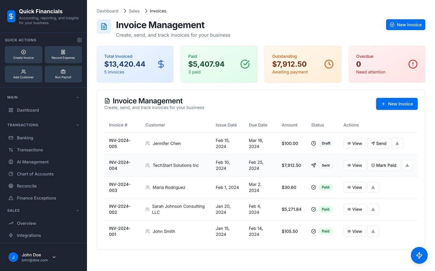 Quick Financials screen